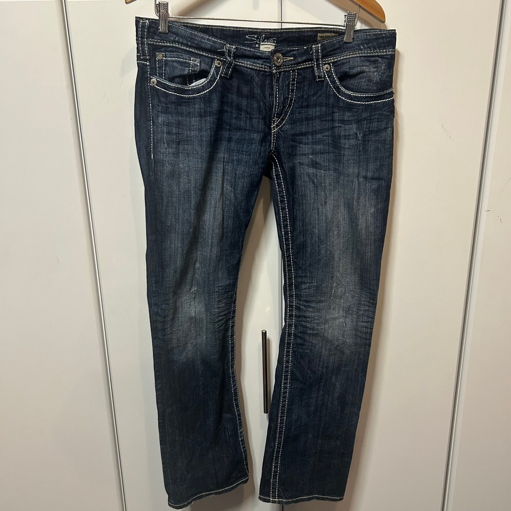 Silver Jeans Co Berkley Straight Leg Dark Wash Contrast Stitch Jeans W32 L32
